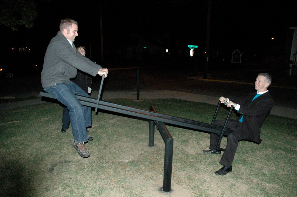 D. Graham and J. Robsen enjoying public art from the public sculpture project I oversaw from 2006-2014 at Georgetown College. Work by Graham.
